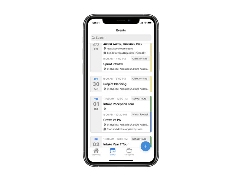 A smartphone screen shows Toldu, an event scheduling and publishing app with a list of upcoming events, including project planning, tours, and sports games. Each entry includes the time, location, and category of the event, with color-coded tags for quick reference.