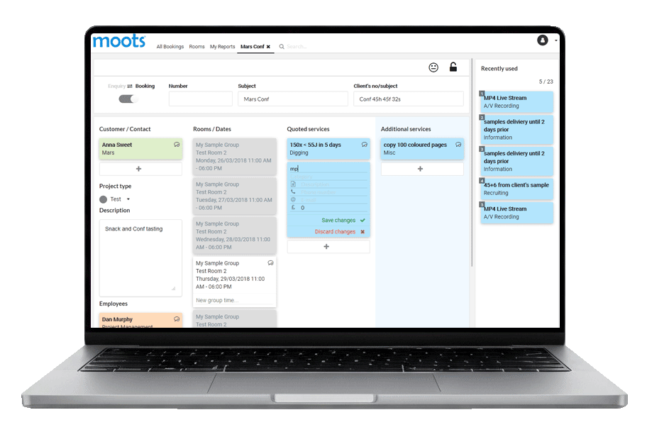 A laptop screen displays the Moots booking system showing project details. Lanes with cards represent different stages or information of the project.
