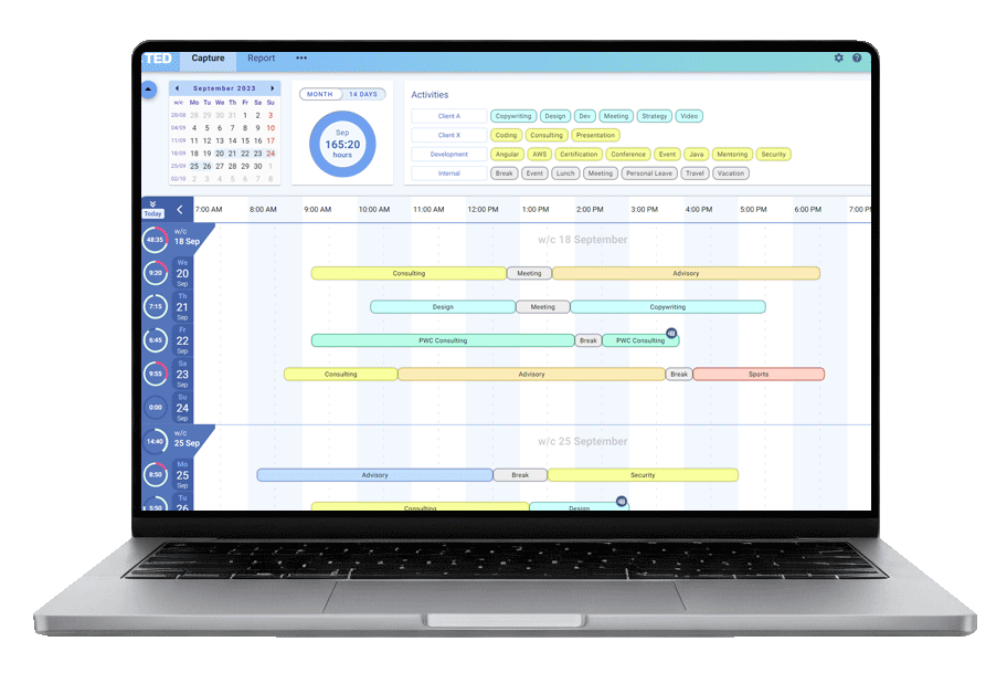 A laptop screen displaying TED time tracking capture screen, showing a calendar view, total hours logged, and color-coded activity bars (e.g., consulting, meetings, design) across each day and hour. The left panel summarizes daily logged time, and a timeline view below displays activities by time block.