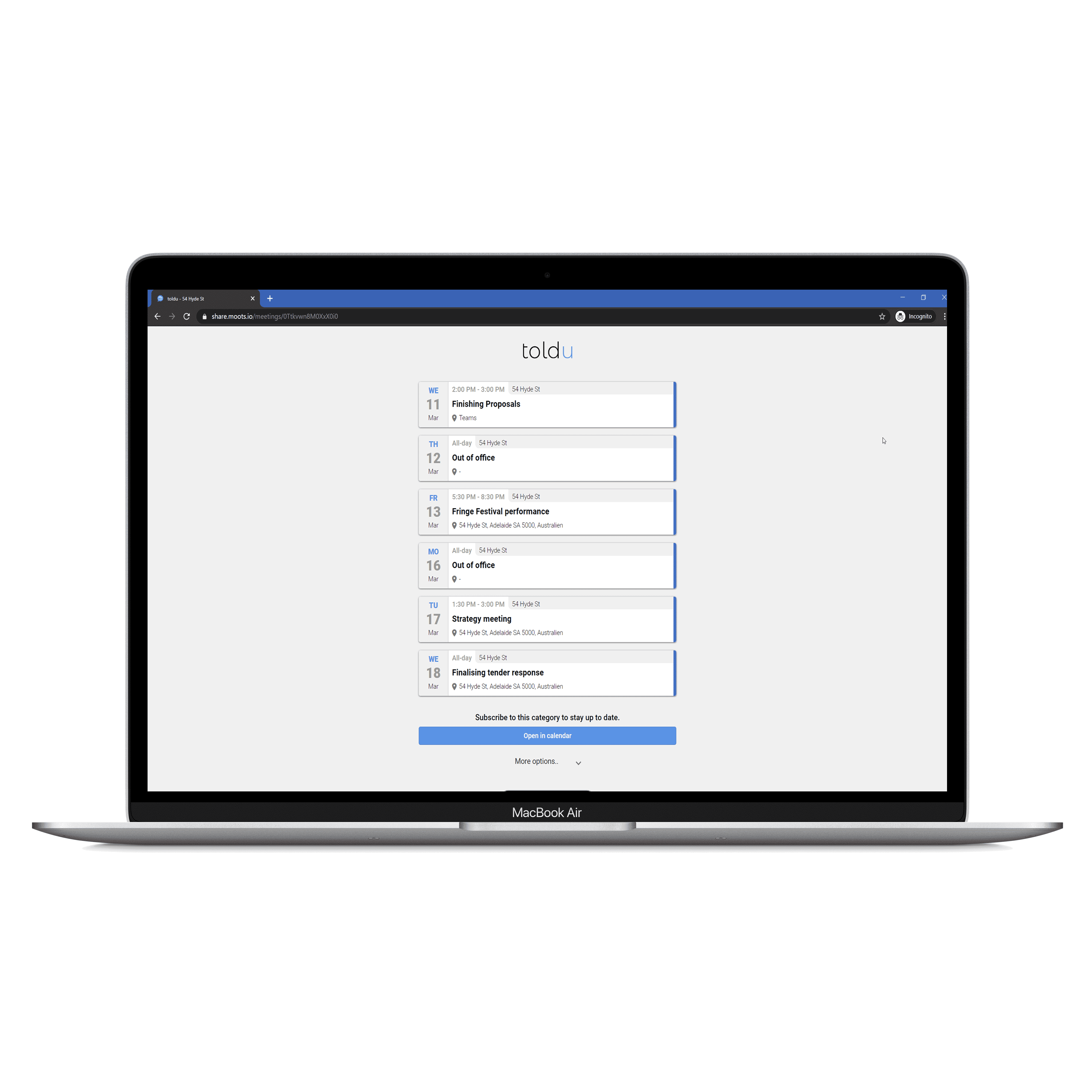 A laptop showing a web browser with an overview of future events shared via the Toldu app.