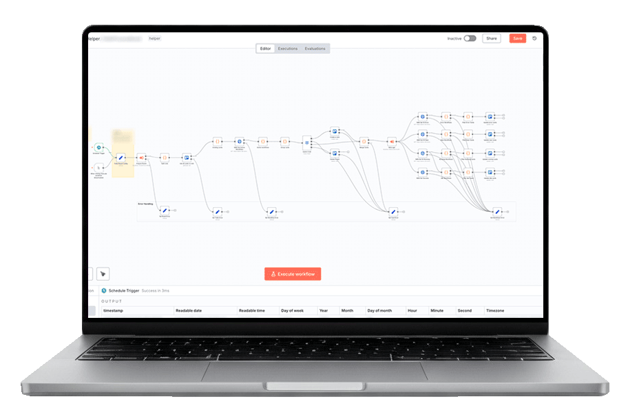 Laptop screen displaying the TonsleyAI AI-powered workflow automation interface, showing a complex flowchart of connected steps and triggers.