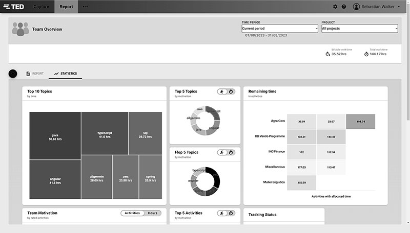 TED team overview report showing statistics on time allocation for various topics. Includes a treemap of the top 10 topics by time (e.g., Java, Angular), donut charts for top and bottom rated activities by motivation, a heatmap for remaining time across projects, and summaries of billable and total work time.