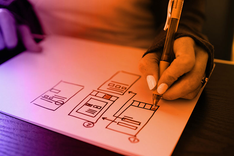 Close-up of a person’s hand sketching a wireframe or layout on paper using a black pen. The drawing appears to represent a website or app interface with various screens and directional arrows, indicating a design or planning phase.