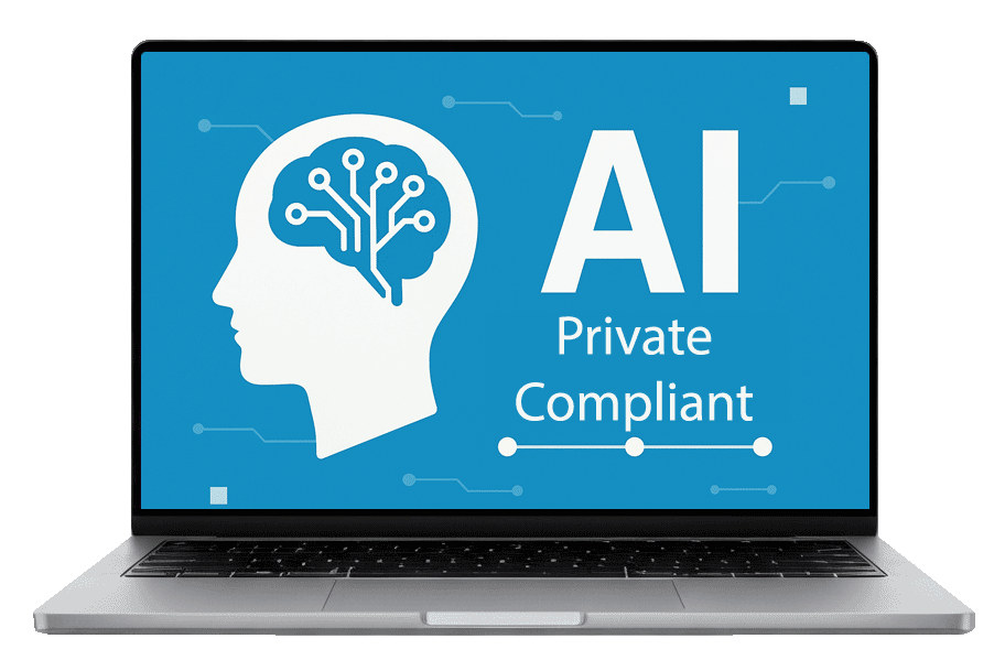 Laptop displaying a blue screen with AI Private Compliant written on it.